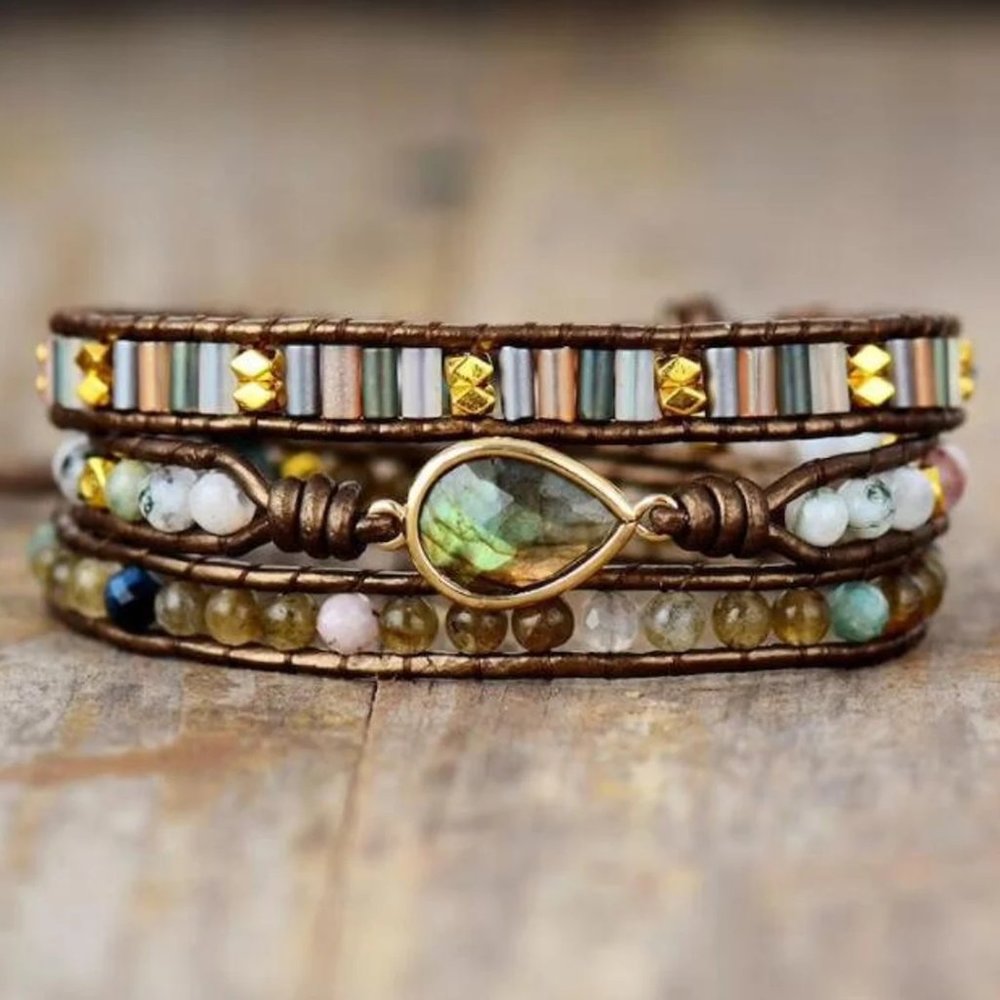 Natural Labradorite Jasper Stone Leather Braided Wrapped Bracelet